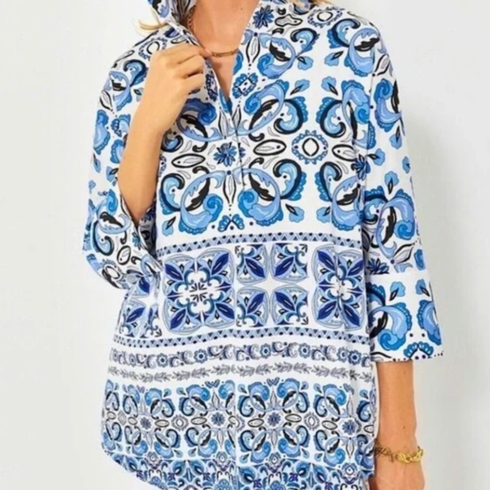 Tuckernuck Blue and White Majolica Tile Willow Women's Button Down Shirt - Picture 4 of 4